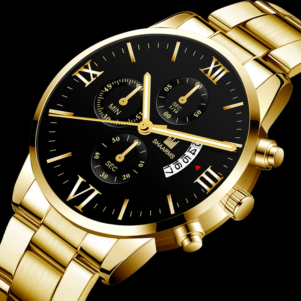 Acquistare Orologi da uomo | SHAARMS Brand luxury men's military quartz  watch men's stainless steel gold Black calendar date watch male clock  Relogio