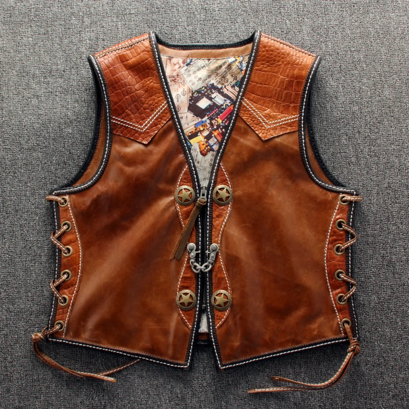 brown leather motorcycle vest