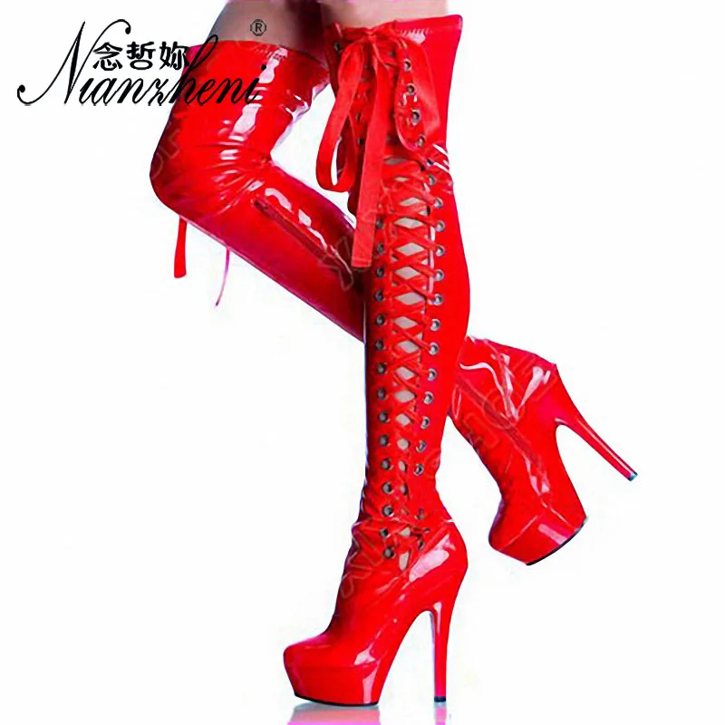 red pvc knee high boots