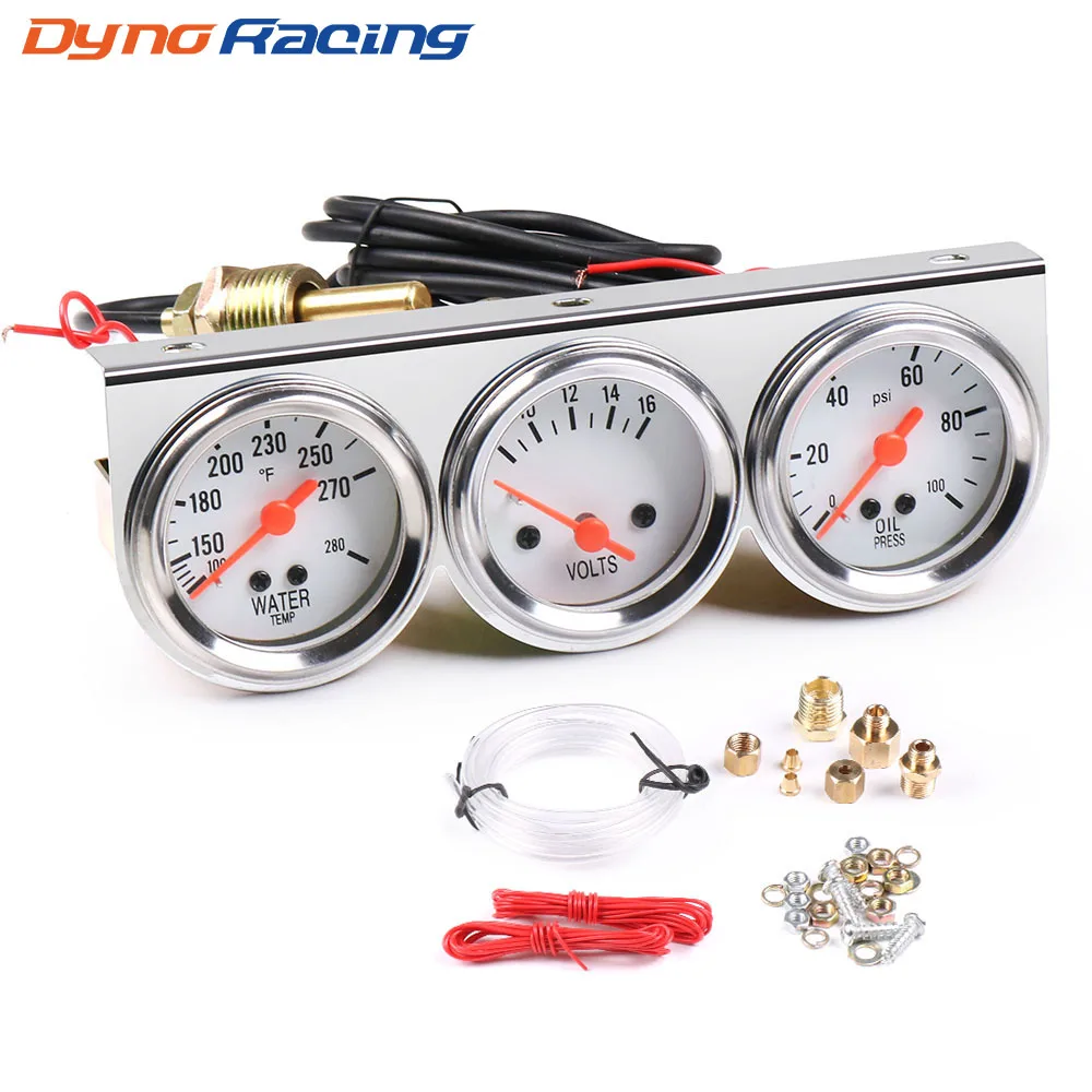 Chrome 2inch 52MM Triple gauge kit Volt meter Water temp Temperature gauge Oil press Pressure Gauge Car meter-animated-img