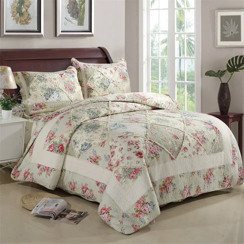 Korean Floral Plaid Patchwork Bedspread 