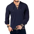 New Fashion Men's Hooded Tee Long Sleeve Cotton Henley T-Shirt Medieval Lace Up V Neck Outdoor Tee Tops Loose Casual Solid Shirt preview-3