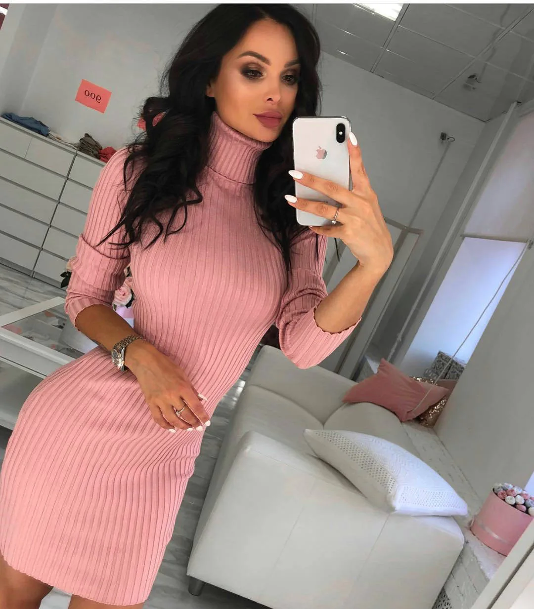Sexy Turtleneck Sweater Dress Women 