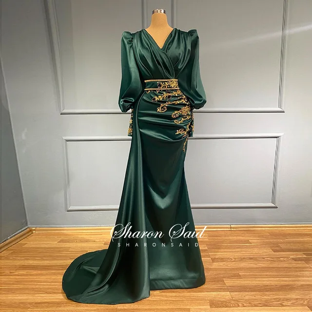 Elegant Emerald Green Satin Muslim 