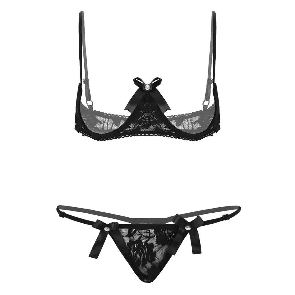 Αγορά Exotic  Womens Lace Exotic Lingerie Set Sexy Underwear Spaghetti  Straps Bare Exposed Breasts Underwired Shelf Open Cup Bra with G-string