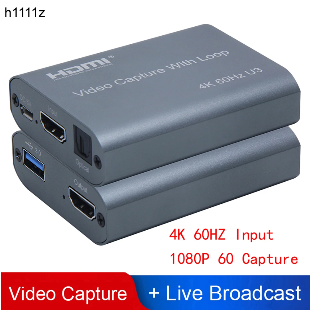 4K 60HZ USB 3.0 Loop Out Audio Video Capture Card 1080P 60fps HDMI Video Grabber Box for PS4 Game Camera Recorder Live Streaming