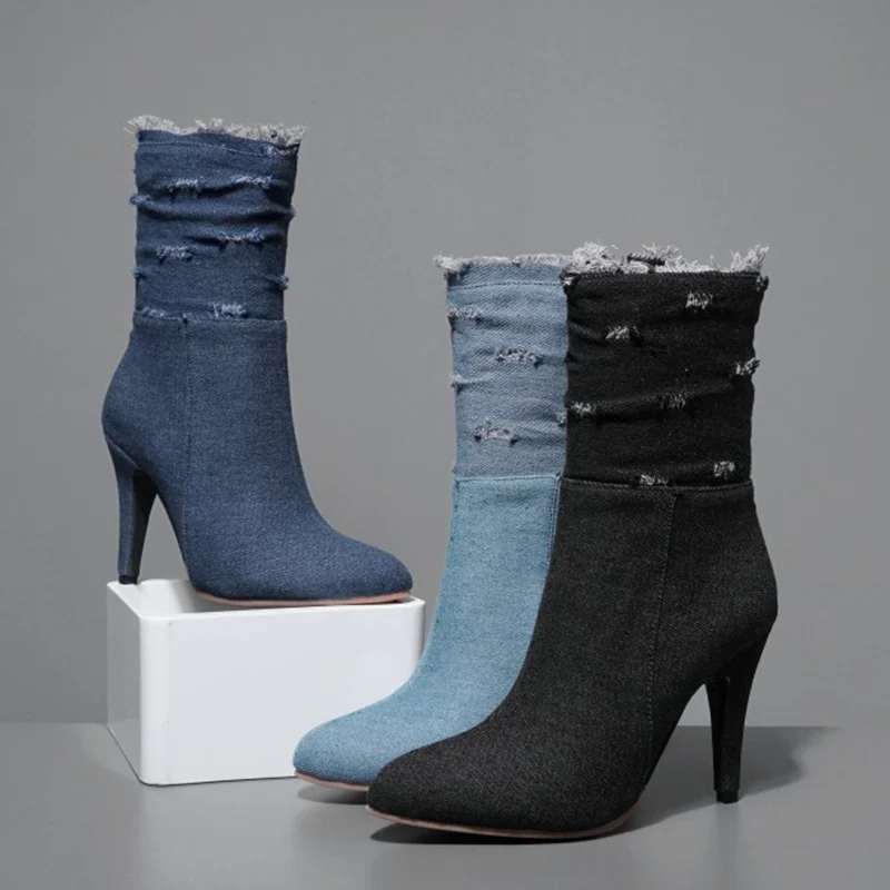 Blue Denim Ankle Boots For Women Winter 