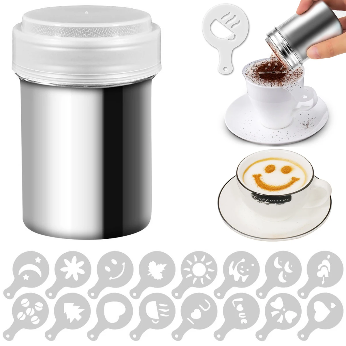 Cocoa Shaker,coffee Powder Shaker 16 Pcs Coffee Cappuccino Stencils &  Barista Pen For Cappuccino Po