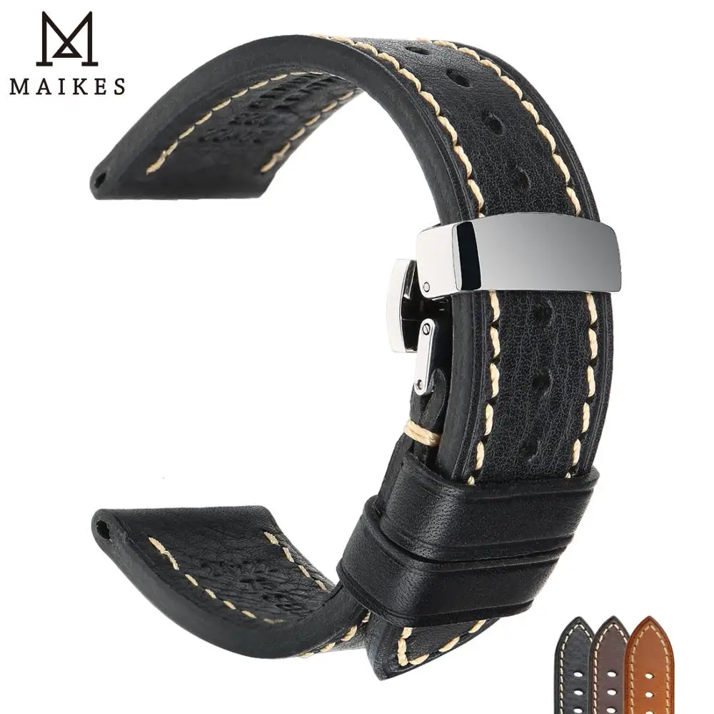 MAIKES Handmade Watch Band Genuine Cow Leather Watch Strap With Butterfly Buckle Bracelet For MONTBLANC Tudor Watchbands