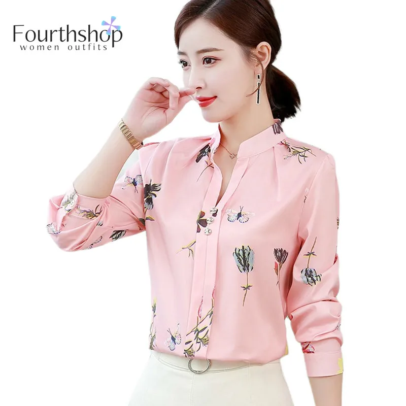 Pink Floral Print Blouse Shirt Women 