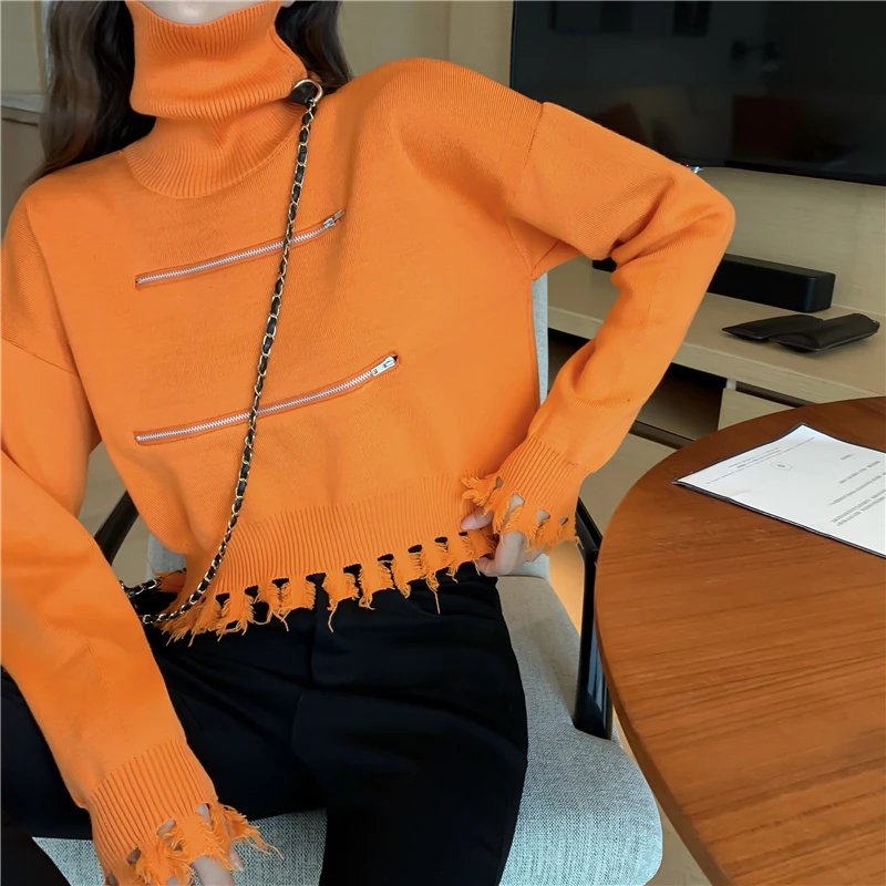 Sweater Turtleneck Women Orange Sweater 