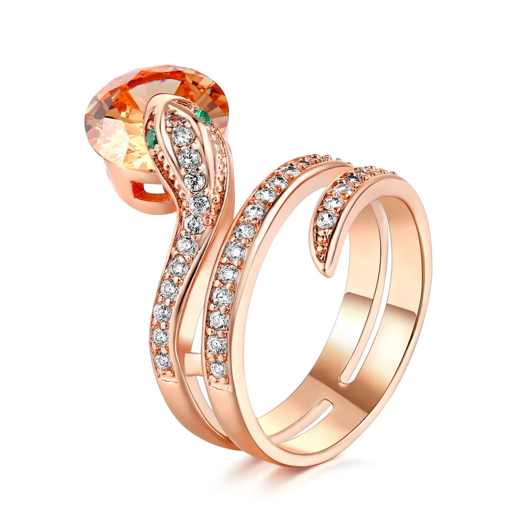Snake Rings for Women Rose Gold Color Orange Crystals Cocktail Ring for Female Party Evening Accessories Fashion Jewelry R149-animated-img