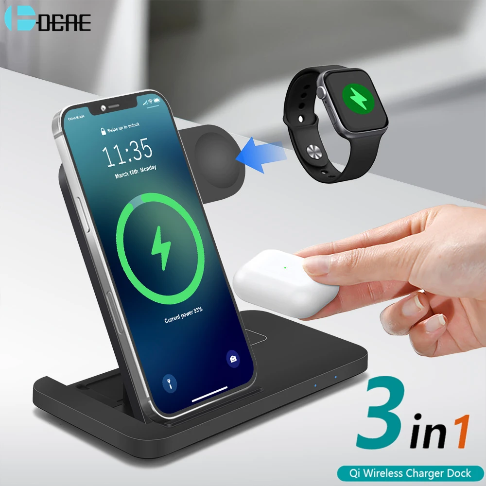 קנו אביזרים לטלפון נייד | 15W Qi Wireless Charger Stand for iPhone 13 12 11  XS XR X 8 3 in 1 Fast Charging Dock Station For Apple Watch 7 6 SE AirPods  Pro