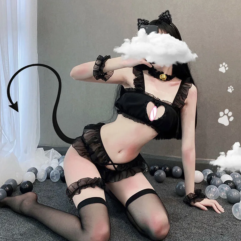 Sexy Lingerie wild Cat Cosplay Bra Lace Set Lesbian Devil Black Temptation Roleplay Costumes Erotic Hot Outfit Uniform For Women