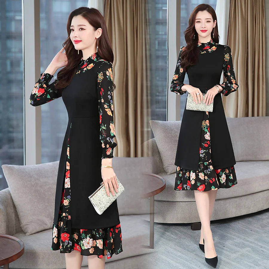 2022 Vintage Print Chiffon Long Sleeve 