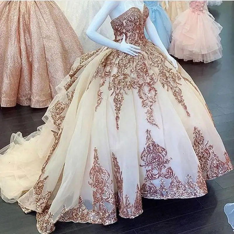 kendall jenner gold mini dress Rose Gold Sweetheart Puffy Princess Ball Gown Sweet 16 Dress Beaded Ap –  Simplepromdress