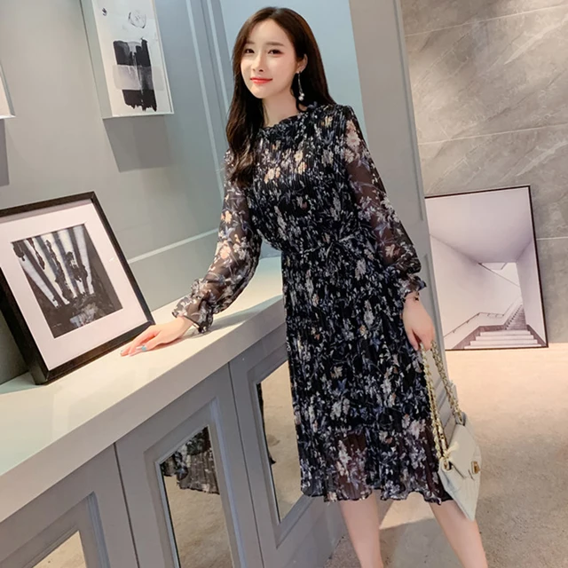 Autumn Floral Print Chiffon Long Sleeve 