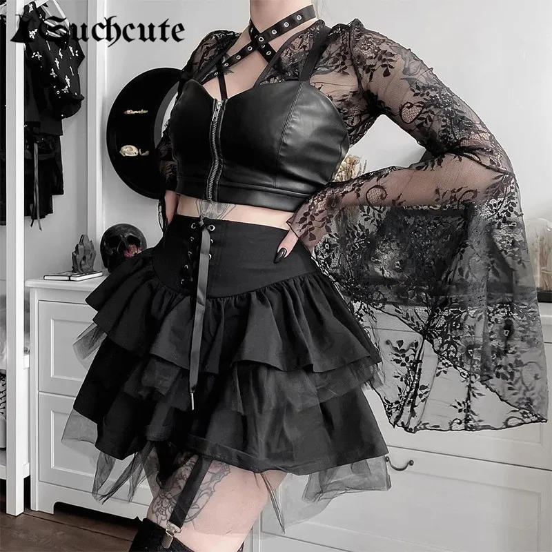 Acquistare Gonne e pantaloni | SUCHCUTE Goth Aesthetic Lace Up Mini Skirt  For Women Dark Academia Mesh Patchwork A-Line Skirt Punk Style Party Black  Saias