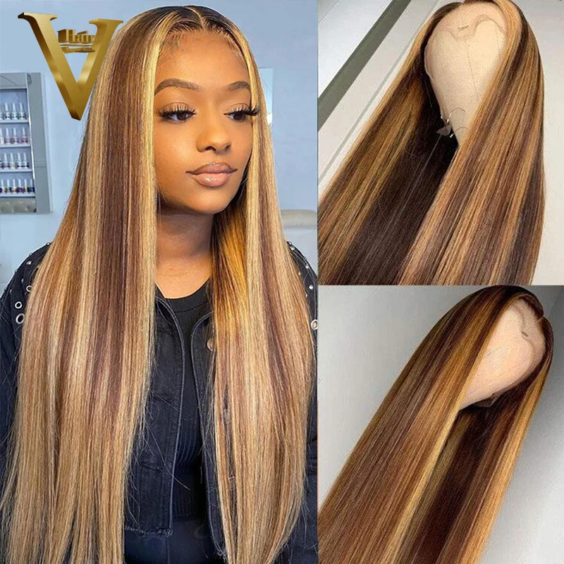 brown lace front wig with blonde highlights