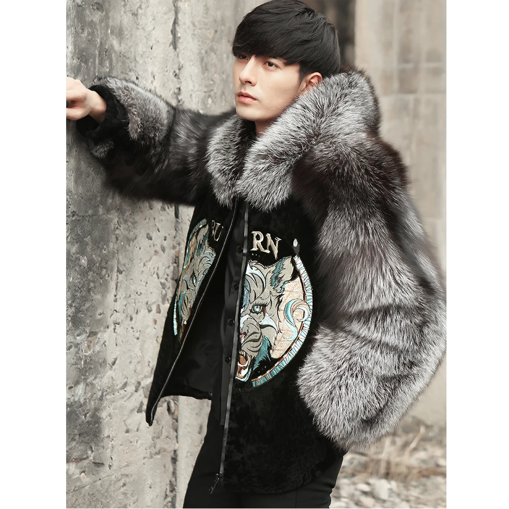 Mens Sheepskin Shearling Jacket Fox Fur 