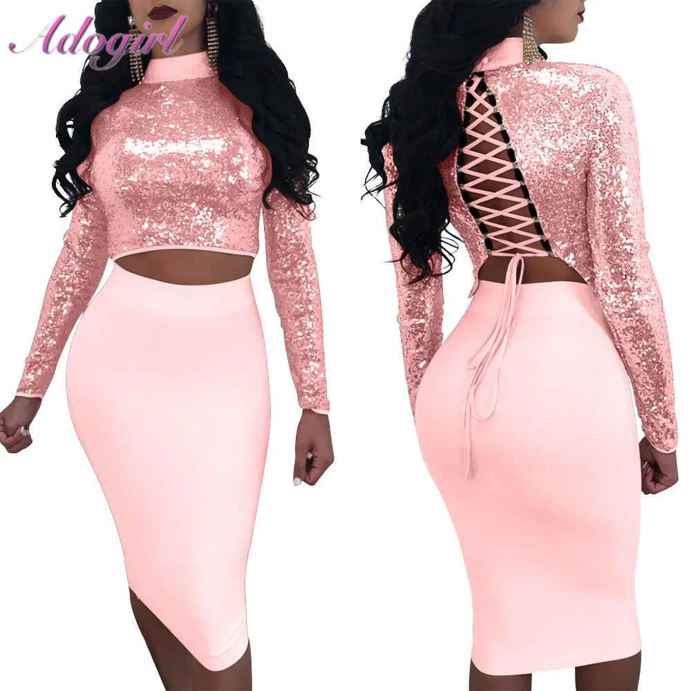 Sequins Two Piece Dress Set Women Sexy 