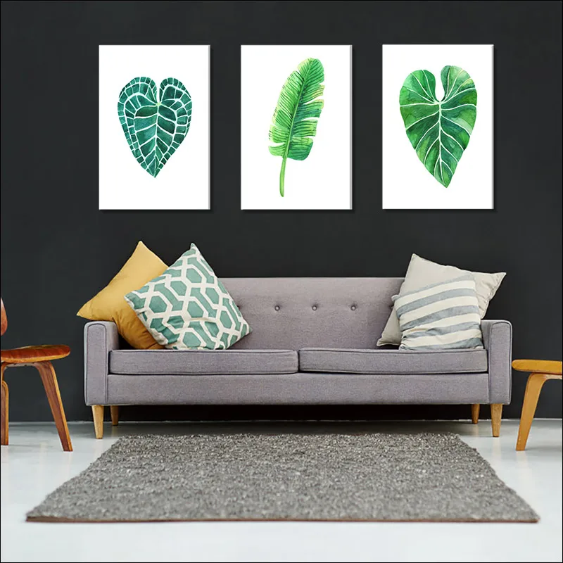 Leaf Posters Add Frame and Prints, Simple Simple Strokes, Green Leaves Printed on Canvas with Frame, Living Room Sofa Decorative
