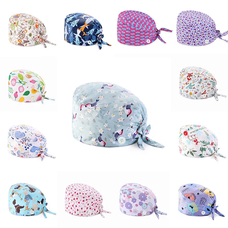 Floral Soft Hat Printing Nurse Sweat-absorbent Head Wrap Towel Surgical Anti-Dirty Pure Cotton Cap With Button Scrub Cap