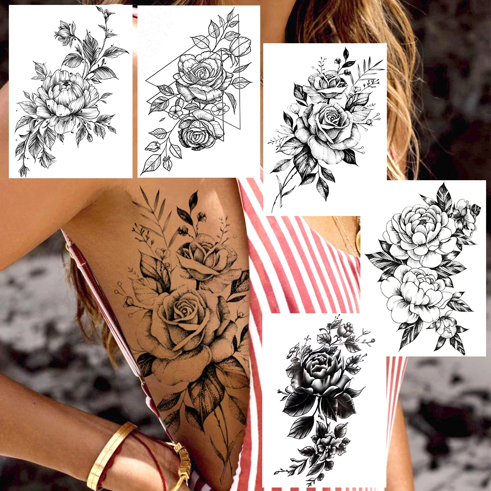 Купить Татуировка и боди-арт | Sexy Black Rose Temporary Tattoos For Women  Arm Back Flower Tatoos Adults Peony Bloosom Body Art Fake Floral Tattoo  Paper Paste