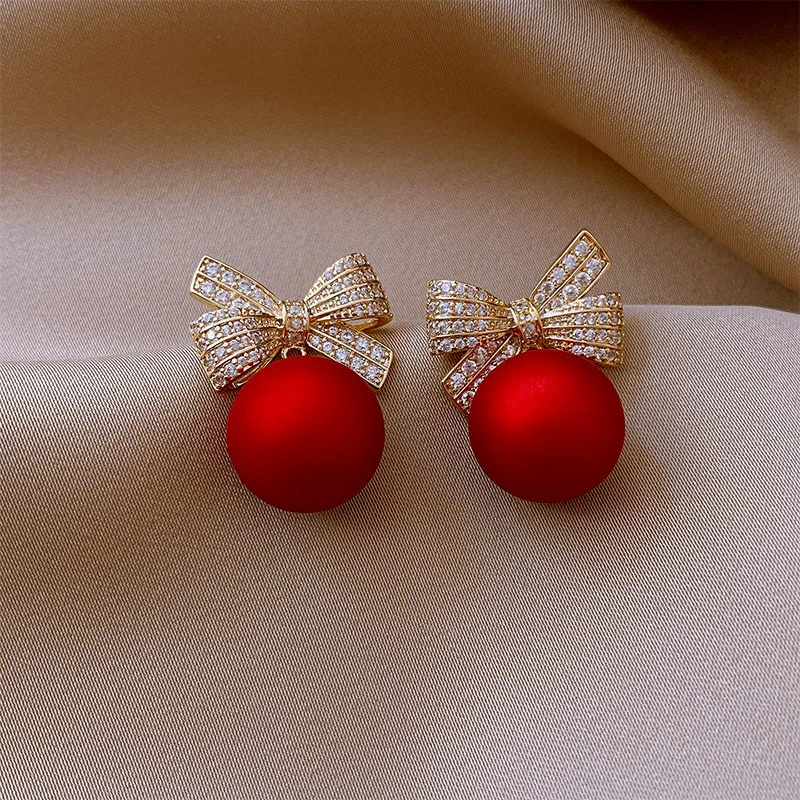 Fashion Crystal Bow Knot Stud Earrings For Women Pearl Cherry Flowers Rhinestone Red Earring Girls Party Christmas Jewelry Gifts-animated-img