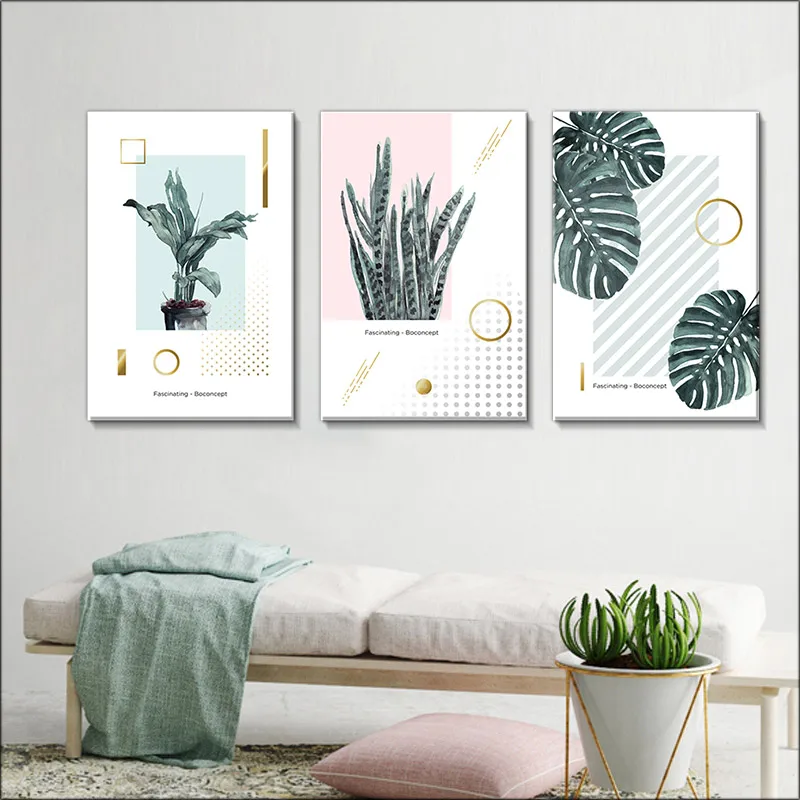 Plant Posters with Frame, Modern Nordic Small Fresh Green Leaf Canvas Paintings, Letter Murals, Bedroom Home Decoration Paintin