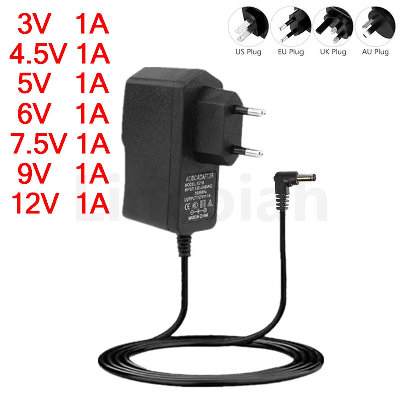 90° turn 3V 4.5V 5V 6V 7.5V 9V 12V 1A 1000mA compatible 500mA power supply adapter charger AC DC Jack Plug 90 Degree Right Angle-animated-img