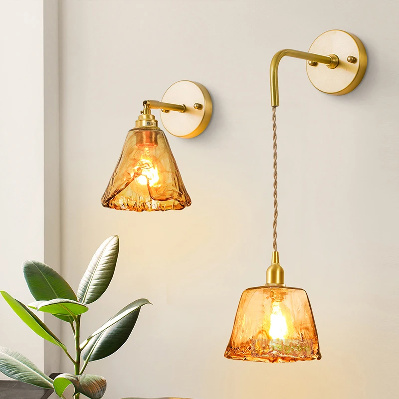 קנו מנורות led  Nordic Wall Lamp Simple Brass Hand Made Retro Gold Light  Luxury Edison Creative Bedside Lamp Bedroom Led Wall Light For Home