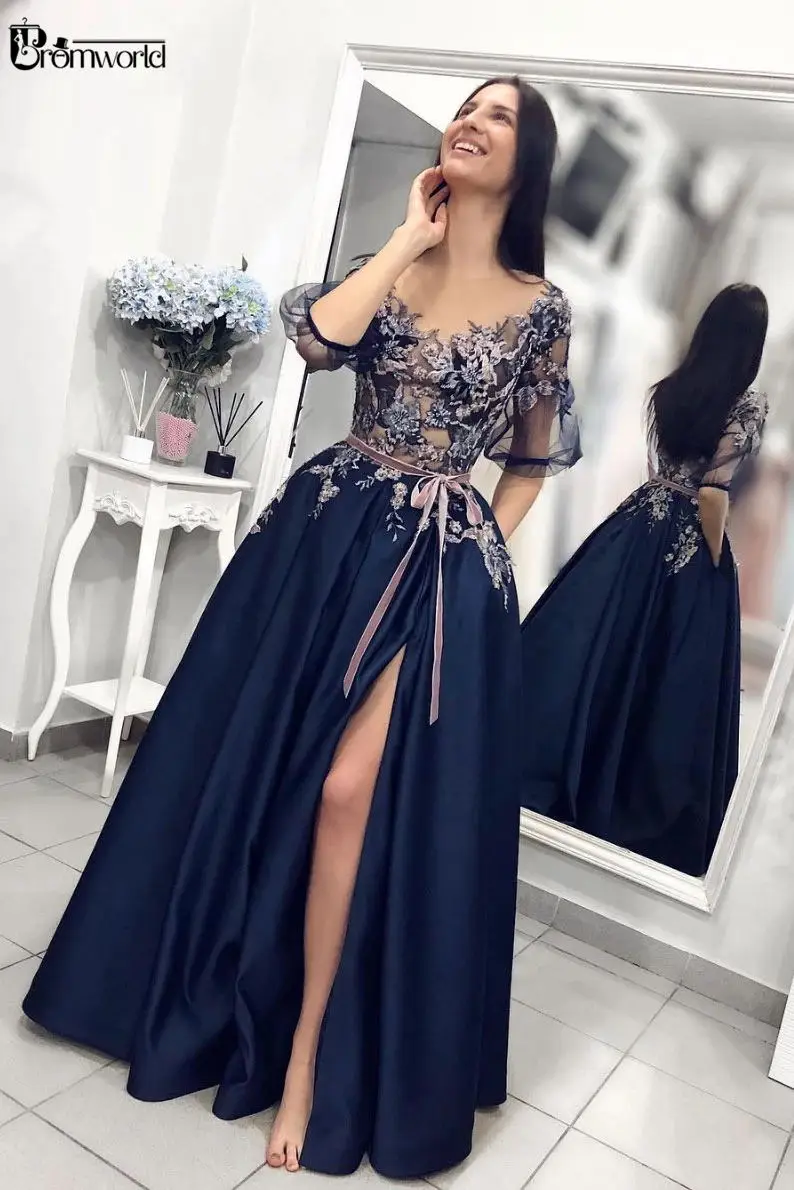 Navy Blue Embroidery Satin Evening Gown 