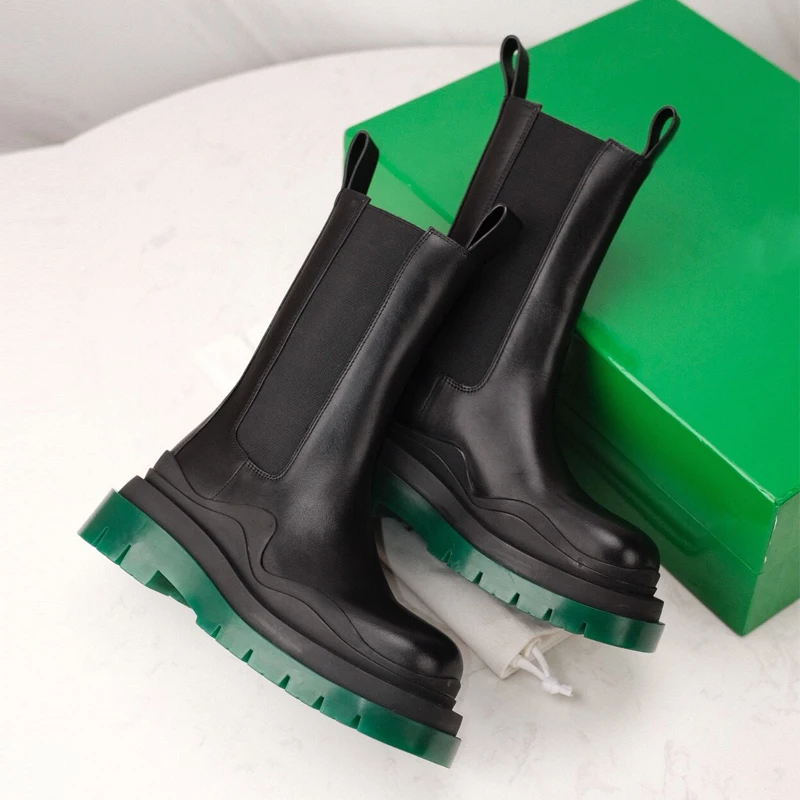 green chunky chelsea boots