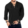 New Fashion Men's Hooded Tee Long Sleeve Cotton Henley T-Shirt Medieval Lace Up V Neck Outdoor Tee Tops Loose Casual Solid Shirt preview-2