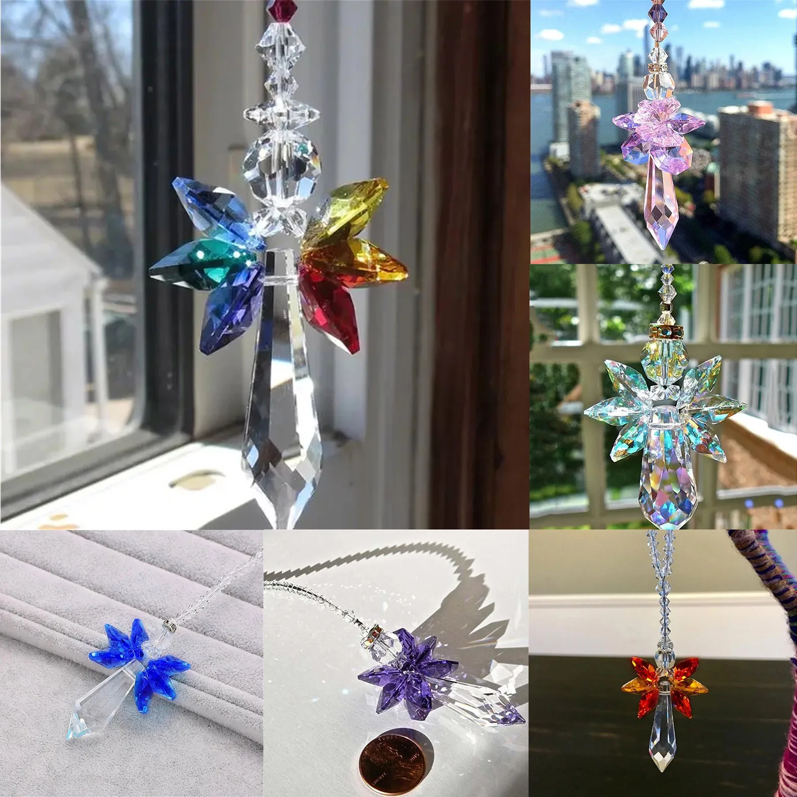 Modern Rainbow Crystal Angel Chakra Suncatcher Car Charm Pendant Wall Window Door Wind Chimes Hanging Ornaments Room Home Decor