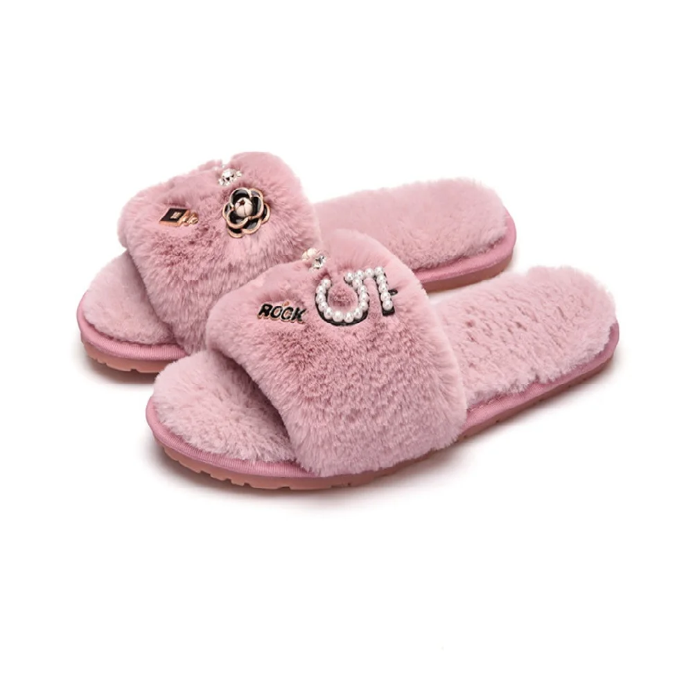 fur slippers with pearls