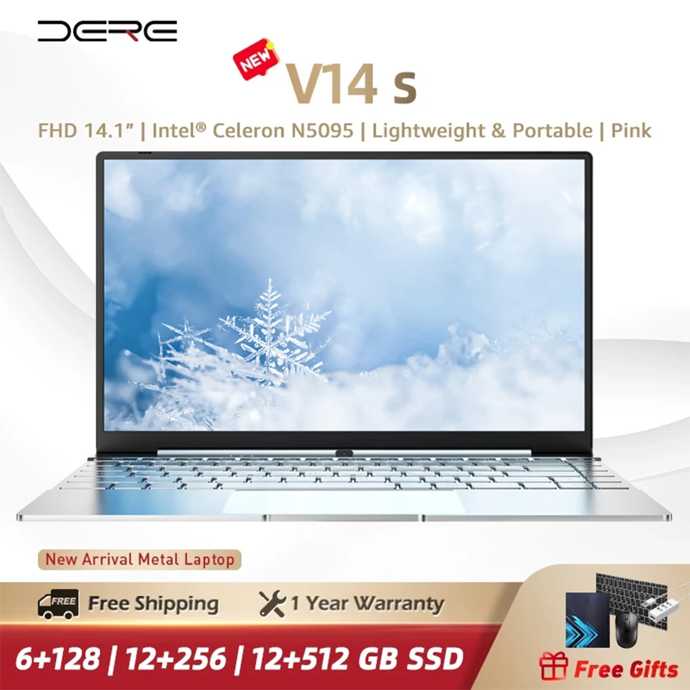 DERE V14S Laptop Intel Celeron N5095 Ultrabook Metal Body 2.4G/5.0G Wifi Windows10 Backlit Keyboard Notebook 12GB DDR4+512GB SSD