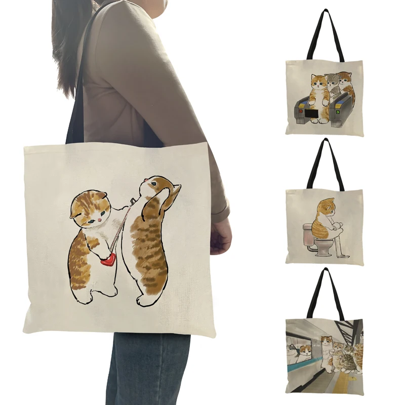 Canvas Bags Handbag for Women Shopper Cute Cat Tote Bag with