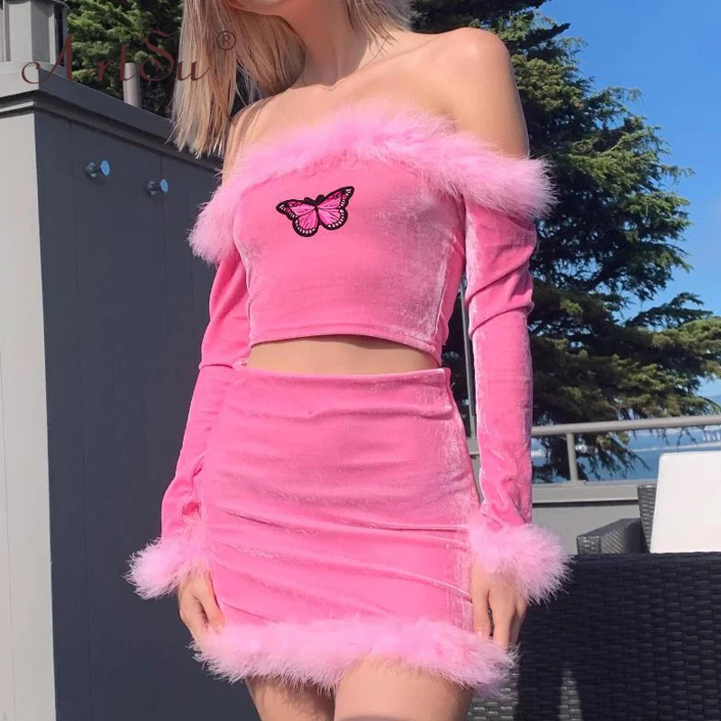 pink fur two piece set