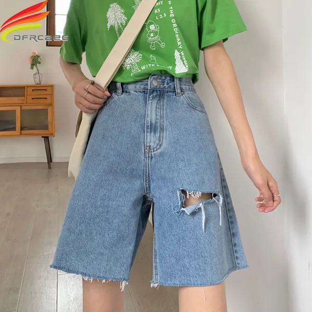 Streetwear High Waist Denim Bermuda 