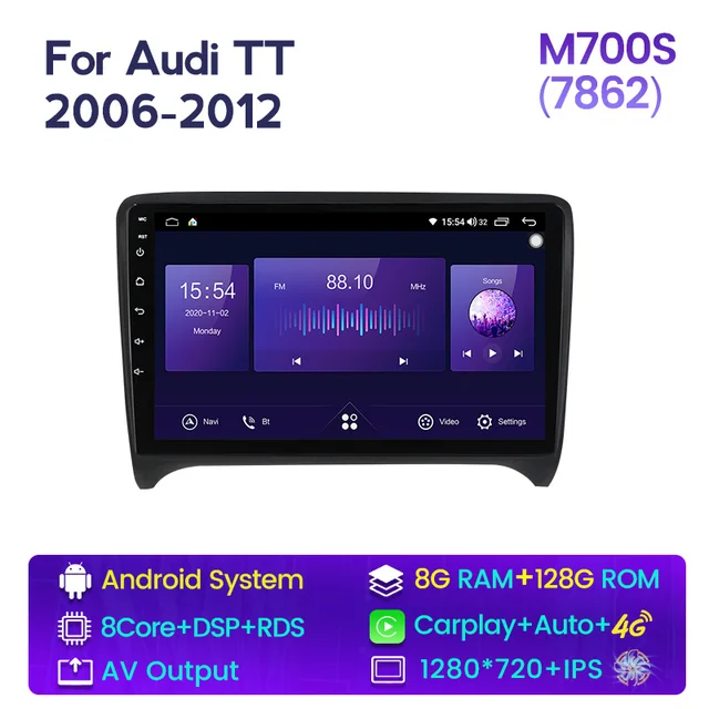 2Din Android 12 8+128G Car Radio Stereo For Audi TT MK2 8J 2006-2012 Audio  4G Lte DSP RDS Carplay Autoradio Multimedia Player