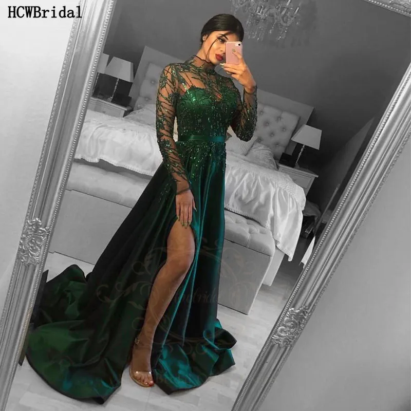 Long Sleeves Green Sexy Prom Dresses 