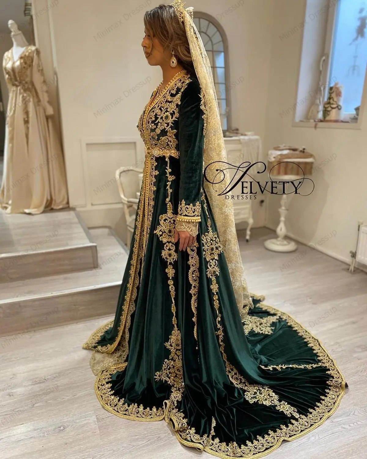 Moroccan Kaftan With Train Green 