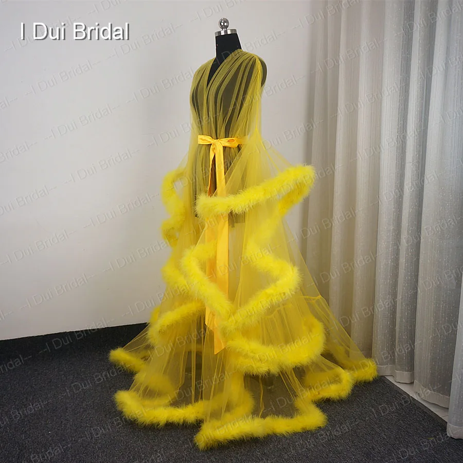 Yellow Feather Sheer Bridal Robe Tulle 
