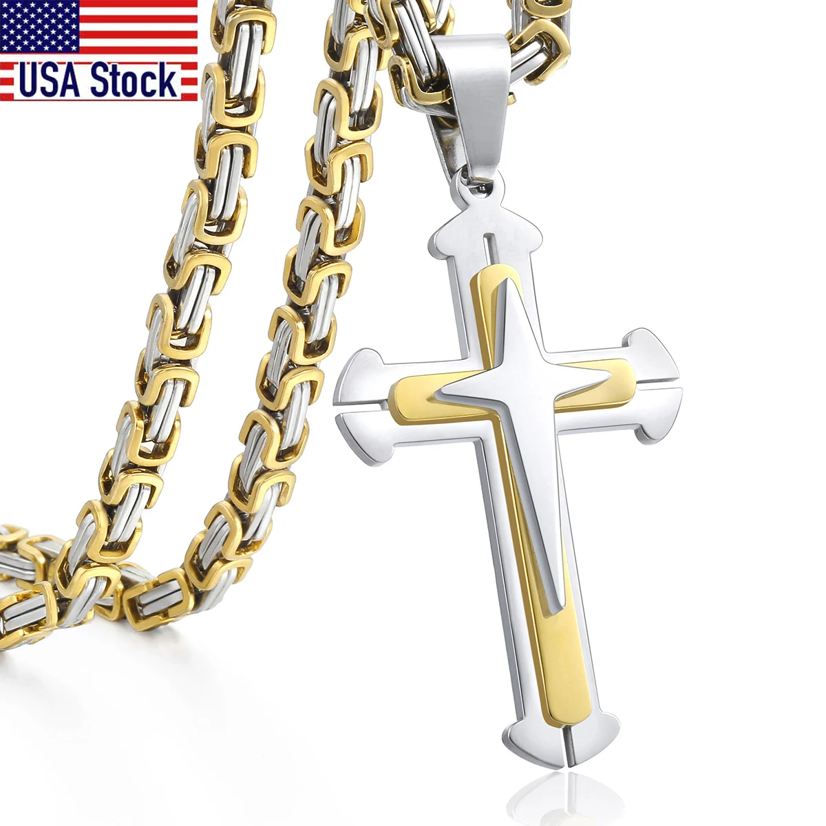 Men's Cross Necklace Gold Color Black Cross Pendant Stainless Steel Byzantine Chain Necklace 2020 Hip Hop Male Jewelry KP180-animated-img