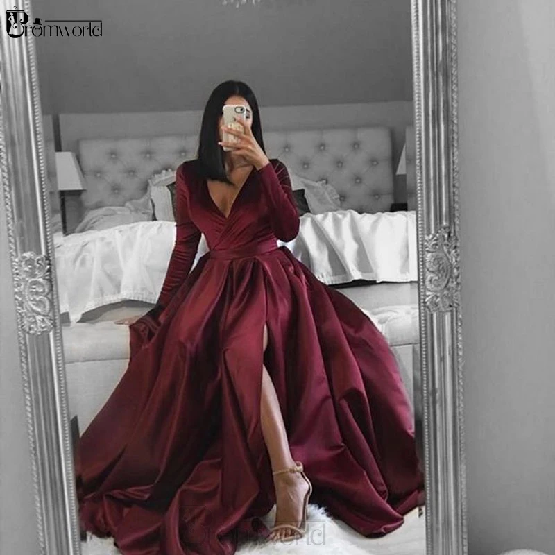Simple Burgundy Muslim Evening Dresses 