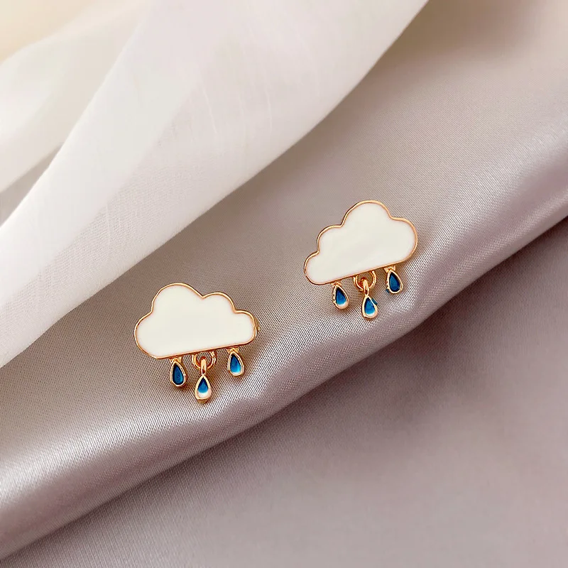 Korean Style White Cloud Water Drop Stud Earrings for Women Crystal Stars Bow Asymmetry Earring Girl Wedding Party Jewelry Gifts-animated-img