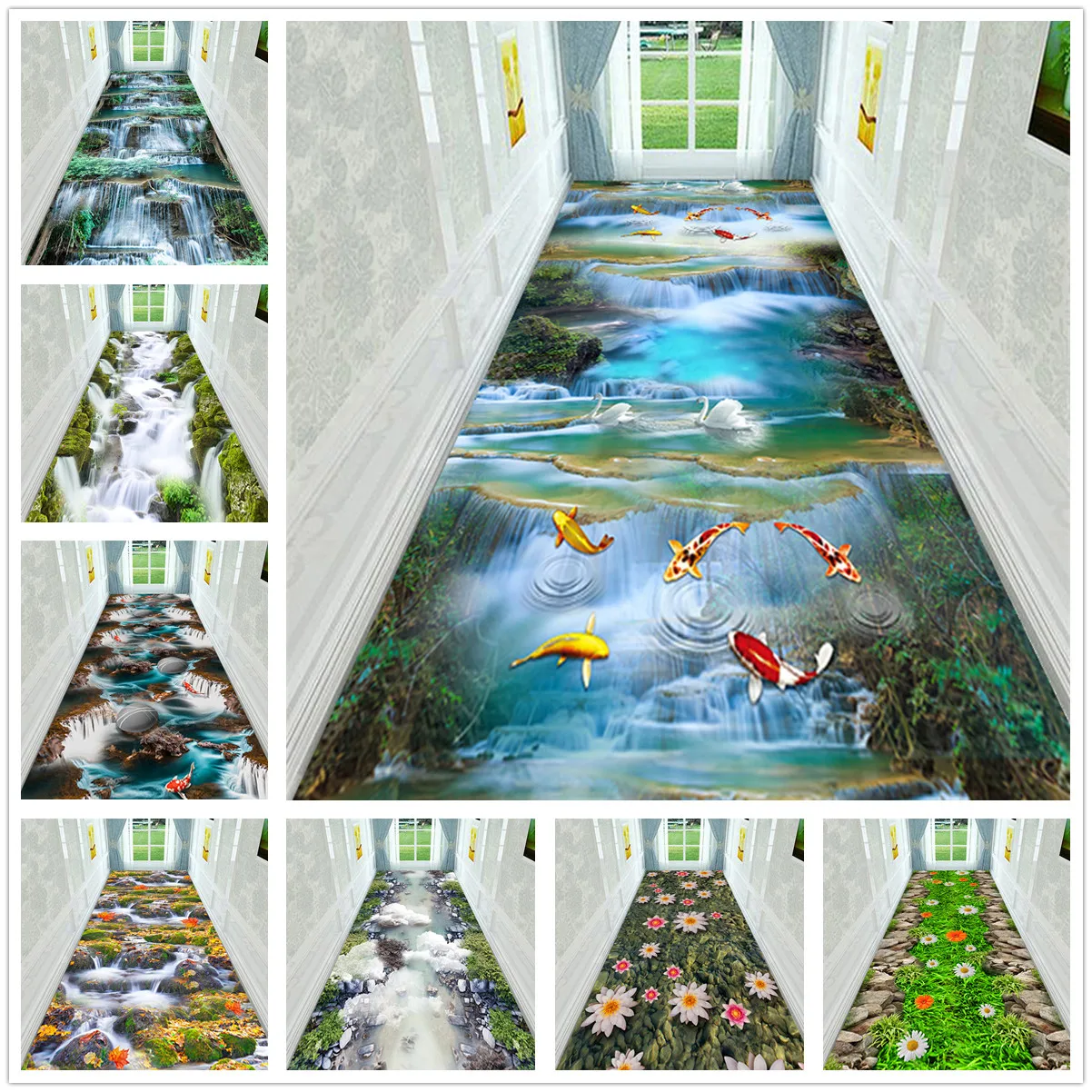 Pastoral Stream Hallway Corridor Rug Runner Fish 3D Carpets Living