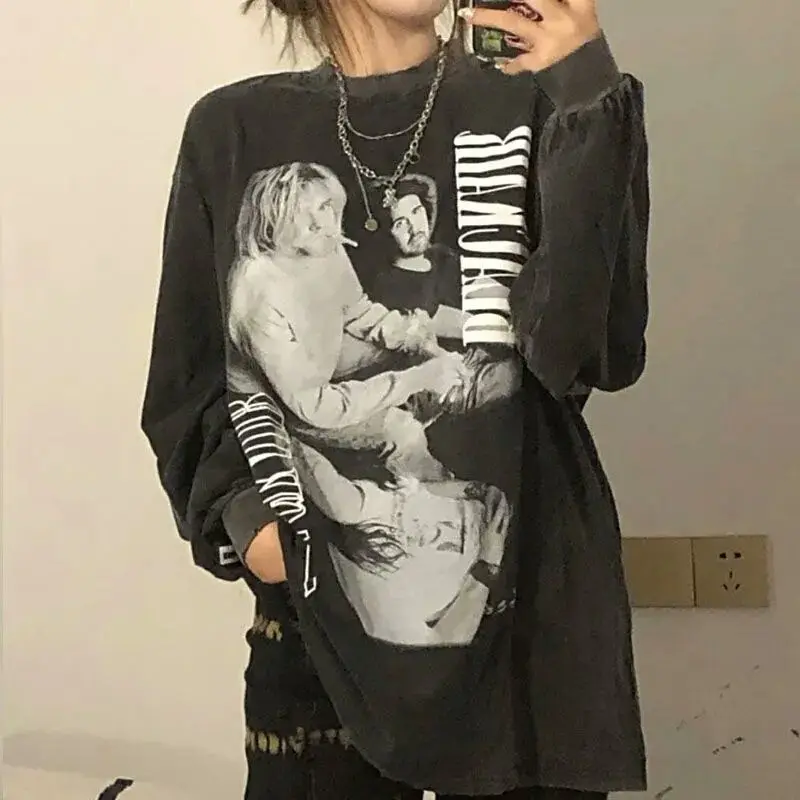 Y2K fashion portrait print street hip-hop personality oversized sweatshirt women Harajuku fashion punk pullover long-sleeved top